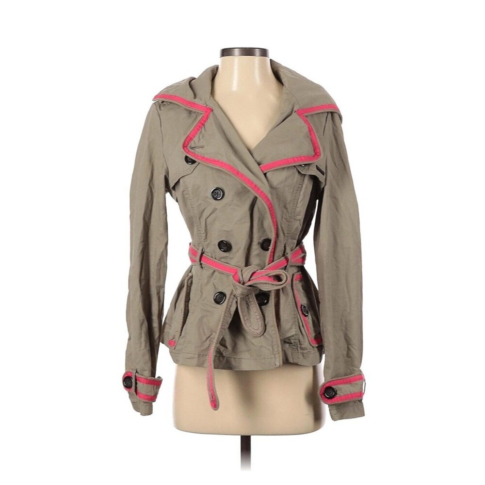 Superdry Women Trench Coat Jacket Beige Pink Trim Belted Size M
